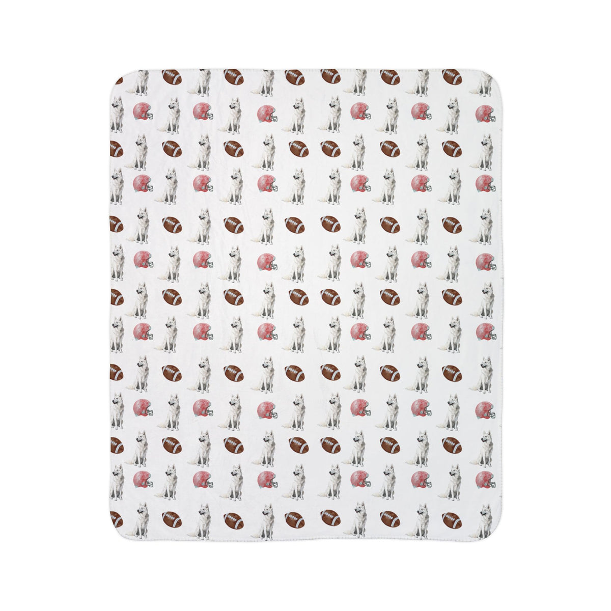 Close-up of white German Shepherd football blanket pattern with footballs and helmets