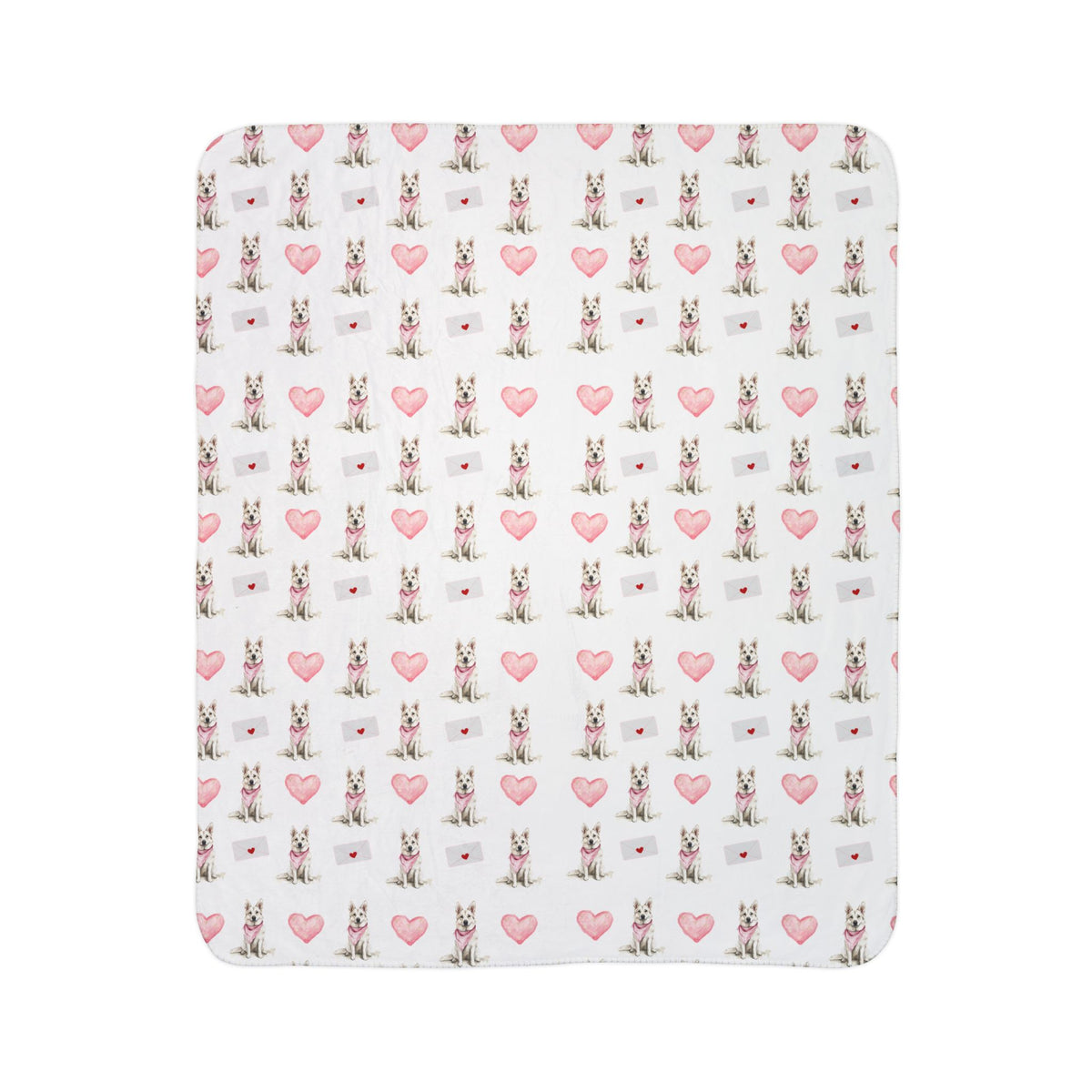 Close-up of white German Shepherd Valentine's blanket pattern with pink hearts and love letters