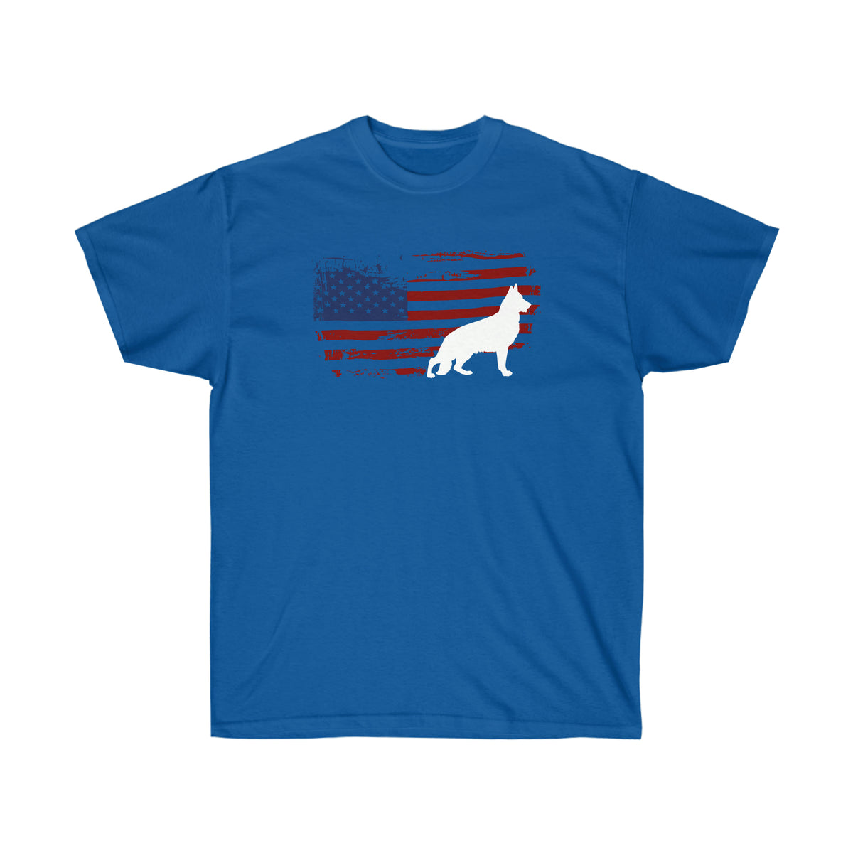 Royal blue men's t-shirt with American flag and white German Shepherd silhouette design