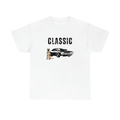 White men's Classic t-shirt with German Shepherd and vintage hot rod car design