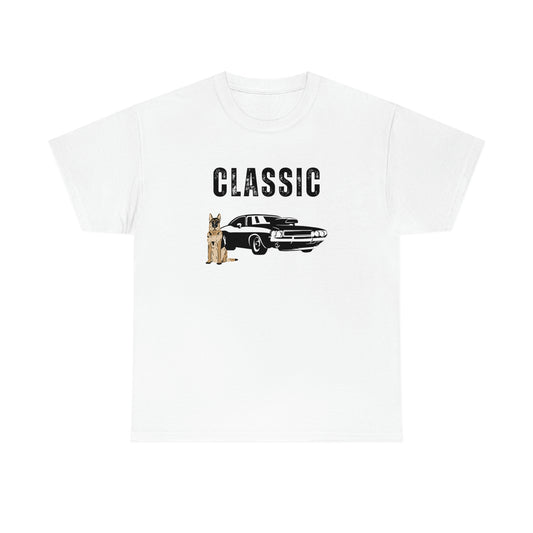 White men's Classic t-shirt with German Shepherd and vintage hot rod car design