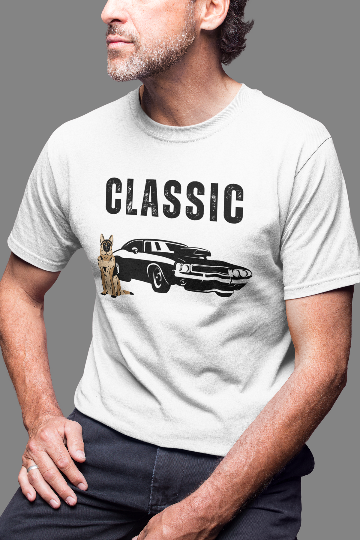 Man wearing white Classic Car German Shepherd t-shirt with vintage car and dog graphic