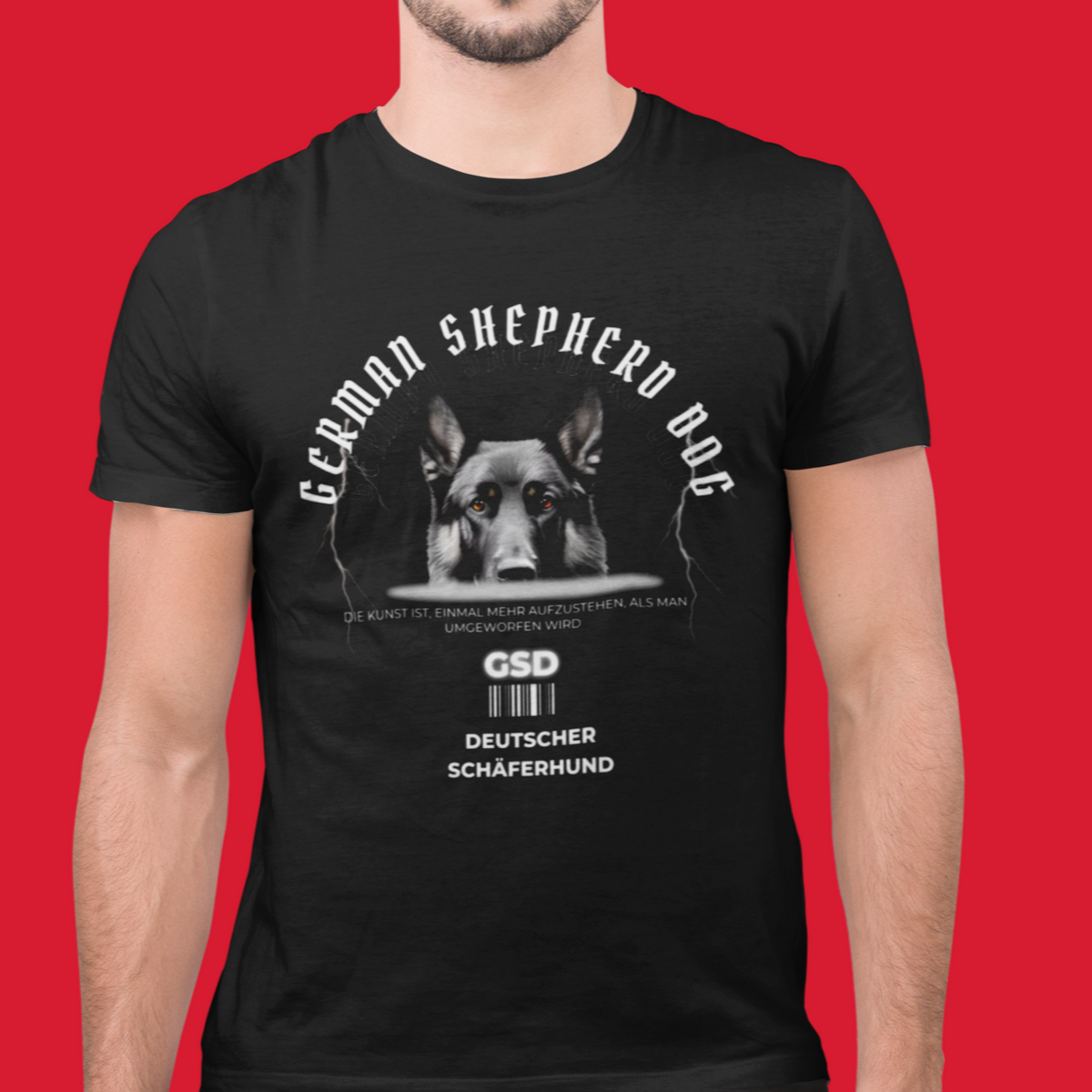 Man wearing black Deutscher Schäferhund German Shepherd t-shirt on red background