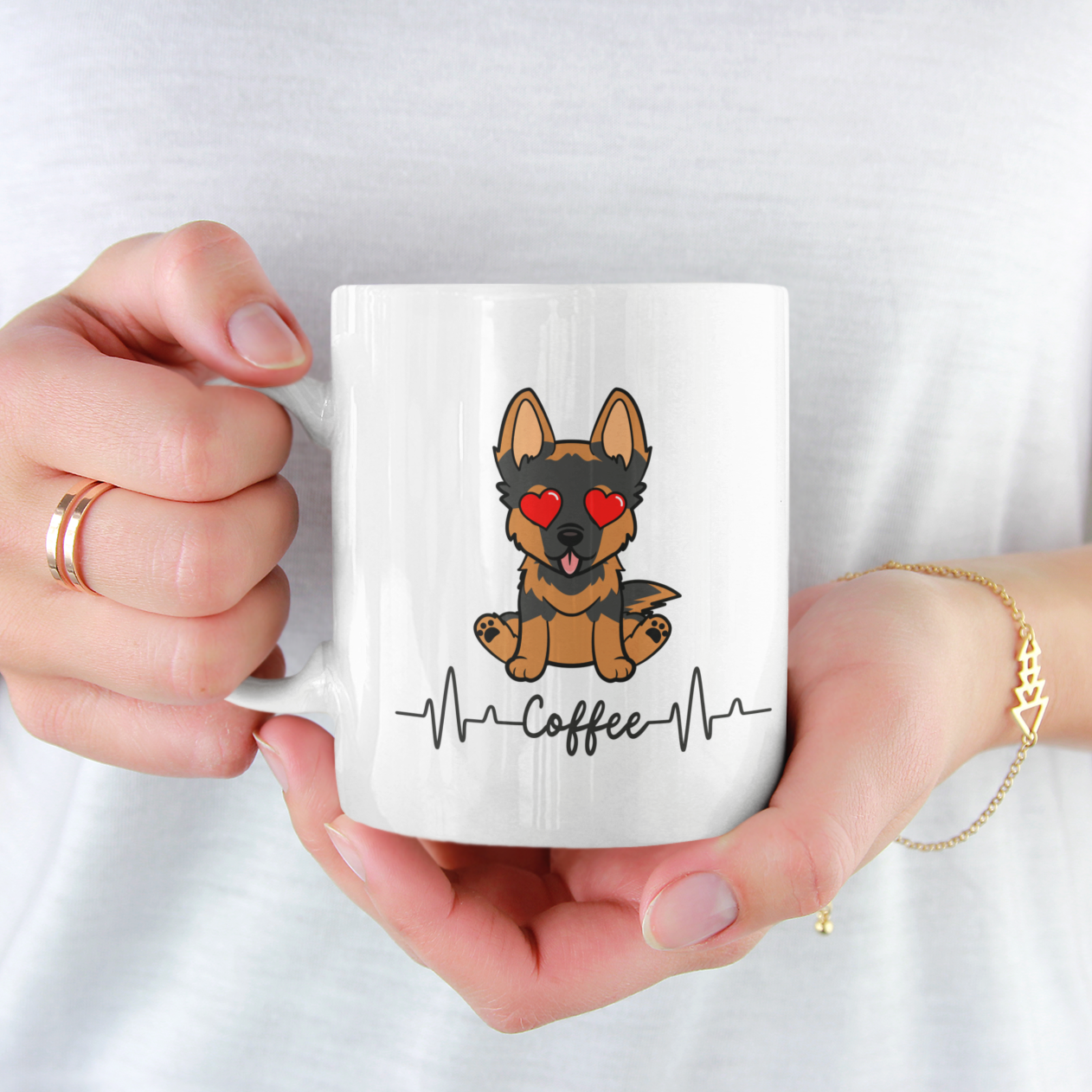 Ceramic white coffee mug with cute German Shepherd dog funny