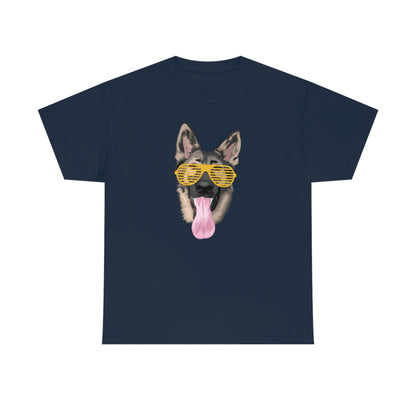 Men's cool cartoon of a German Shepherd Dog on a blue T-Shirt