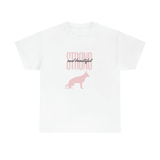 White women's t-shirt with pink Strong and Beautiful text and German Shepherd silhouette