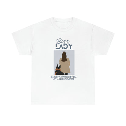 White women's Boss Lady t-shirt with woman and German Shepherd design