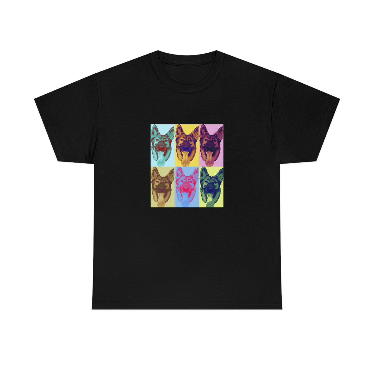 Black German Shepherd pop art women's t-shirt with six bright dog portraits