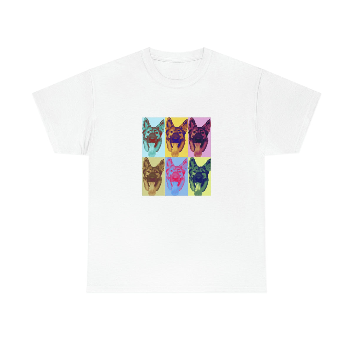 White women's t-shirt with colorful Warhol style German Shepherd pop art grid