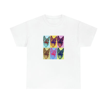 White women's t-shirt with colorful Warhol style German Shepherd pop art grid