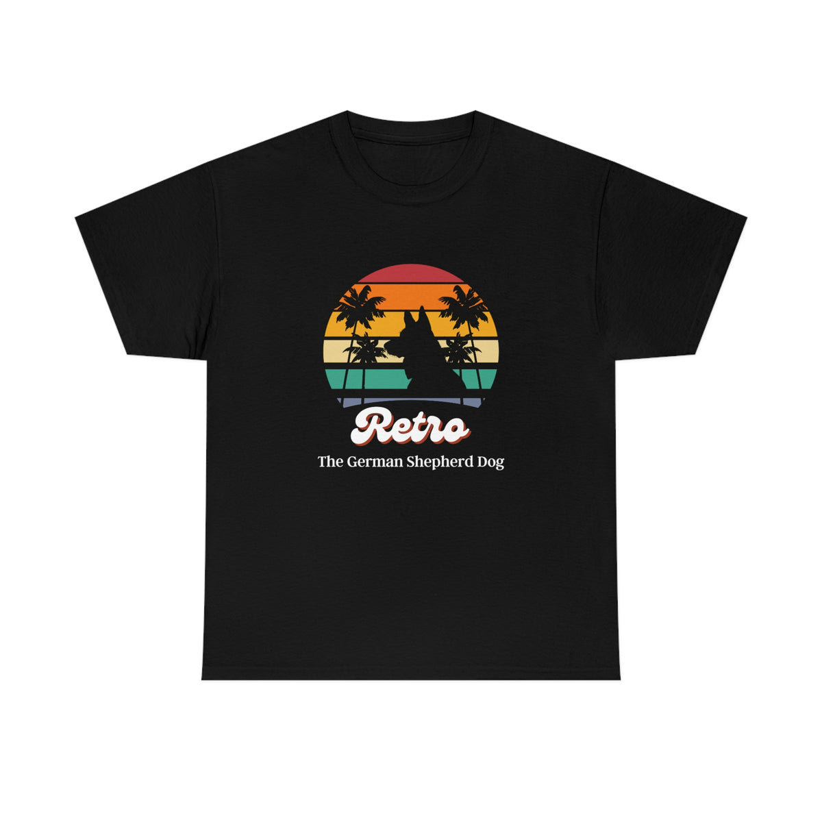 Black women's t-shirt with German Shepherd silhouette in retro striped sunset design