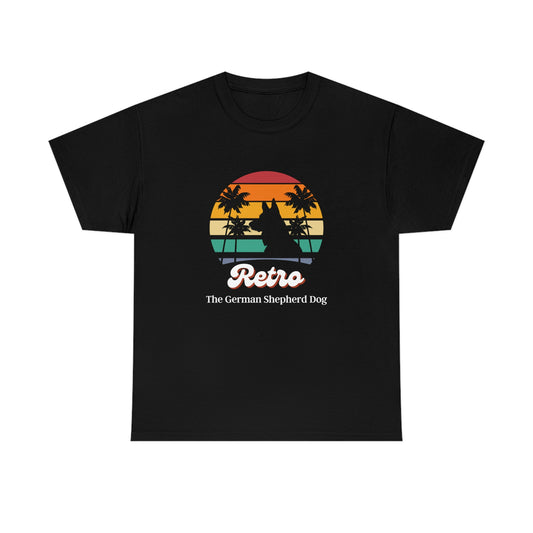Black women's t-shirt with German Shepherd silhouette in retro striped sunset design