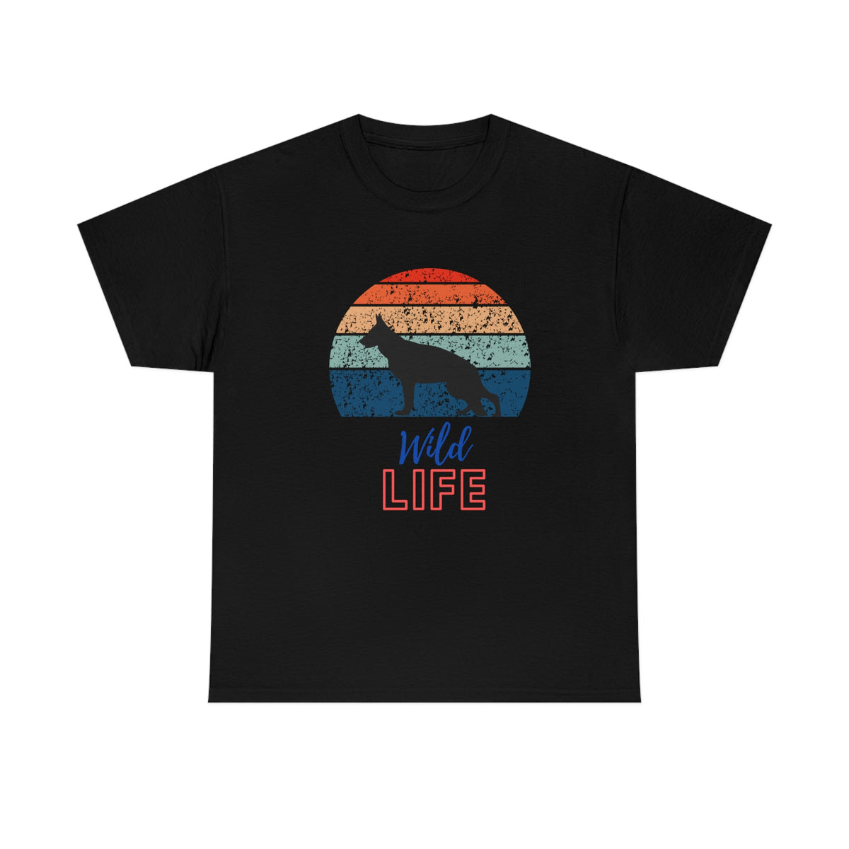 Black Retro Wild German Shepherd women's t-shirt with vintage sunset dog design