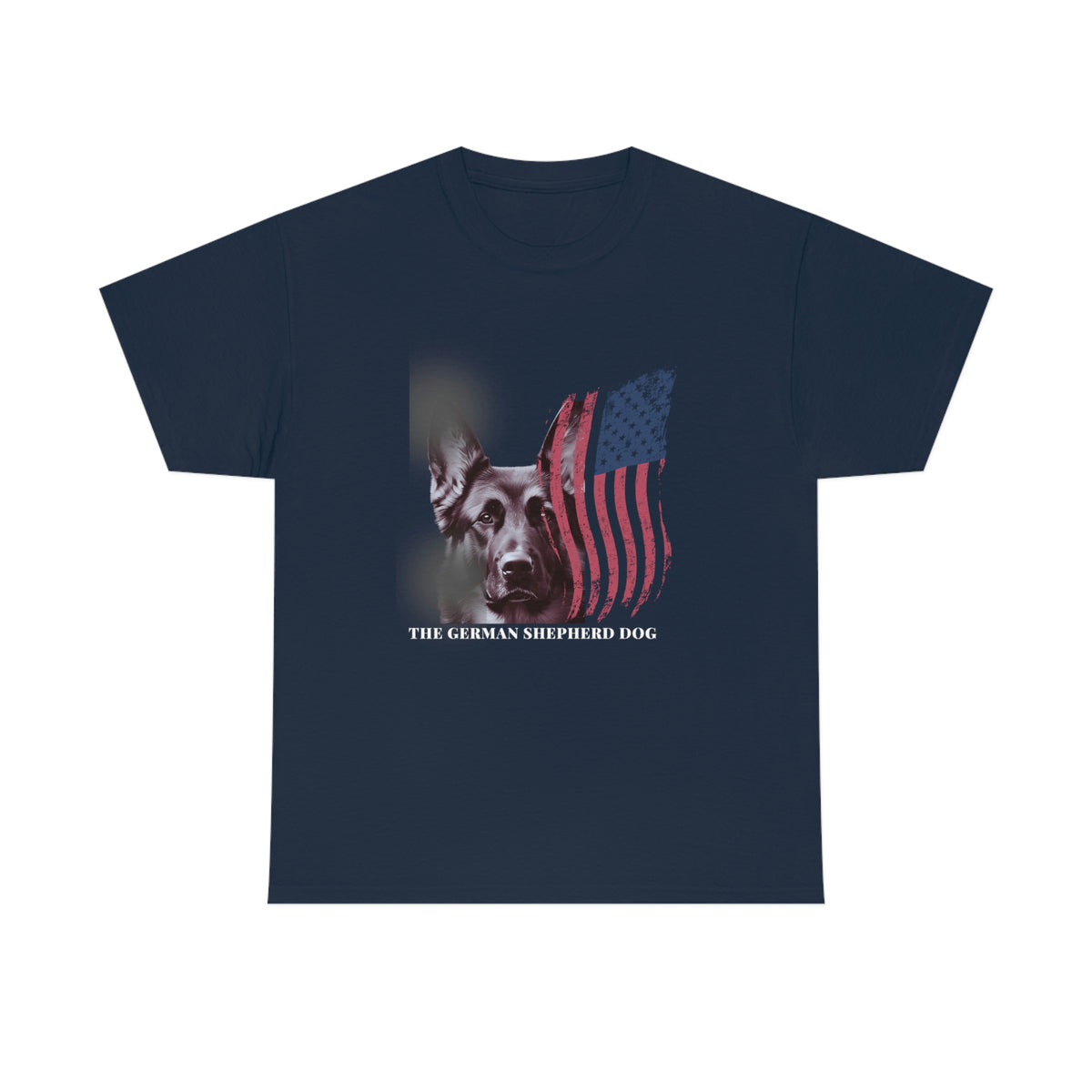 Navy men's t-shirt with patriotic German Shepherd portrait and American flag
