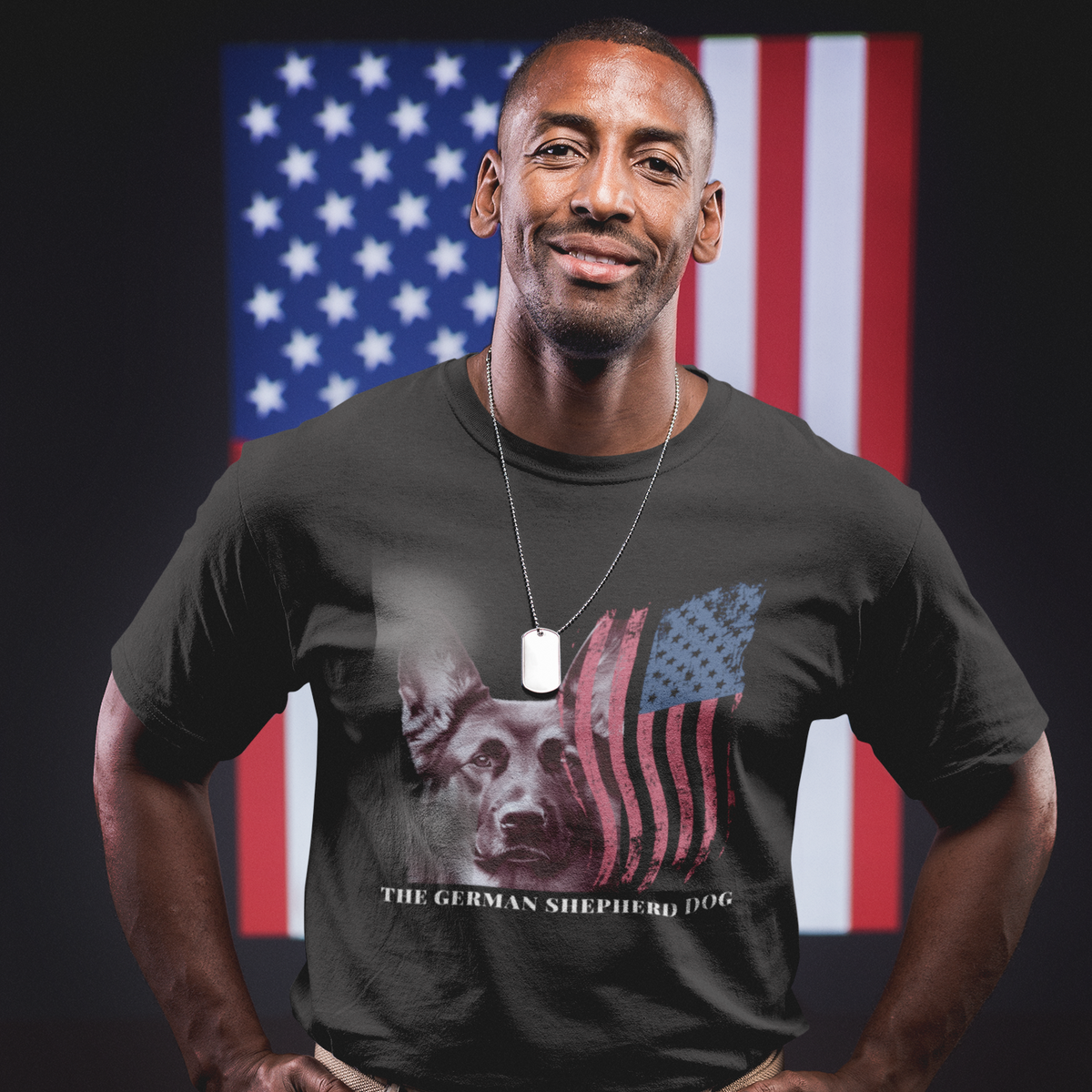 Man wearing Patriotic German Shepherd Portrait t-shirt in front of American flag