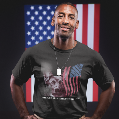 Man wearing Patriotic German Shepherd Portrait t-shirt in front of American flag