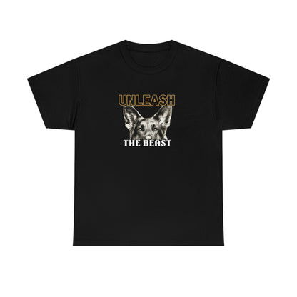 Black Unleash the Beast men's t-shirt with fierce German Shepherd graphic on white background