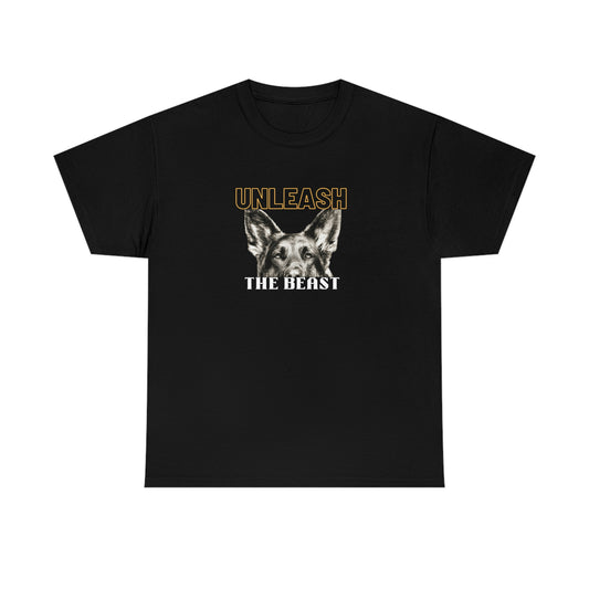 Black Unleash the Beast men's t-shirt with fierce German Shepherd graphic on white background