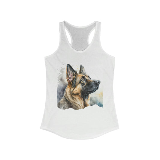 White women's racerback tank top with watercolor German Shepherd portrait